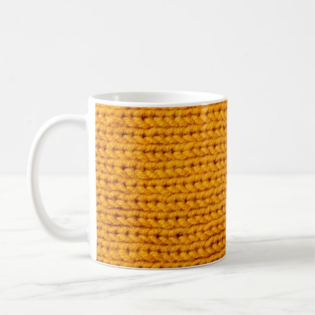 Gult, stickad ull, struktur, bakgrund mönster med kaffemugg (Vänster)