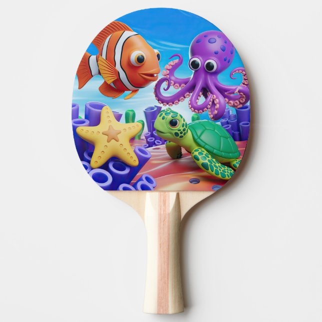 Gult, stjärnfisk, grönt, sköldpadda och rödclownfi pingisracket (Framsidan)