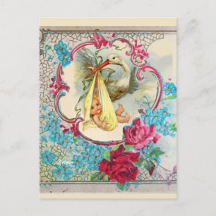 GULT STORK BABY SHOWER, ROSA ROS, BLÅA BLOMMOR VYKORT