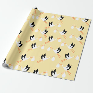 Gult Stork Baby Shower Wrappa Papprare Presentpapper