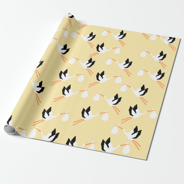 Gult Stork Baby Shower Wrappa Papprare Presentpapper (Utrullad)