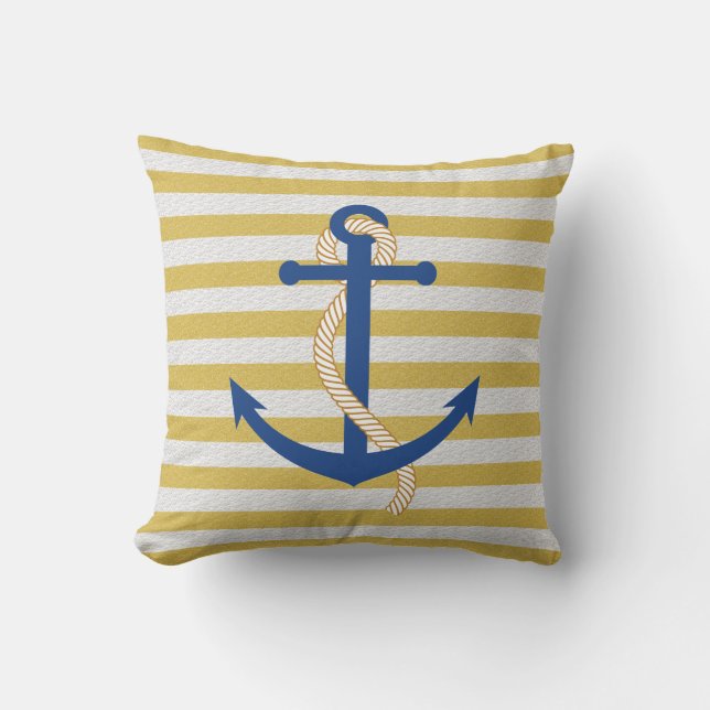 Gult Strepe Nautical Dekorativ kudde Blue Anchor (Framsida)