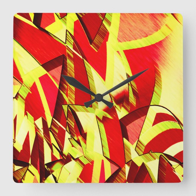 Gult strömmar på rött, förbryllad bild fyrkantig klocka (Framsida)
