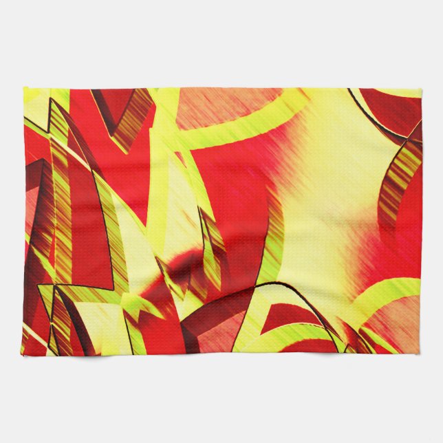 Gult strömmar på rött, förbryllad bild kökshandduk (Horisontell)