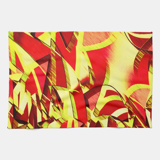 Gult strömmar på rött, förbryllad bild kökshandduk (Horisontell)