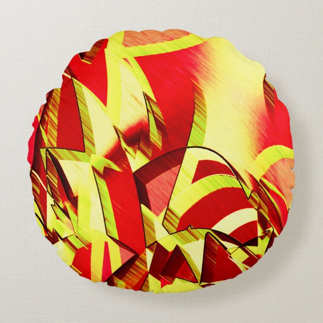 Gult strömmar på rött, förbryllad bild rund kudde (Framsidan)