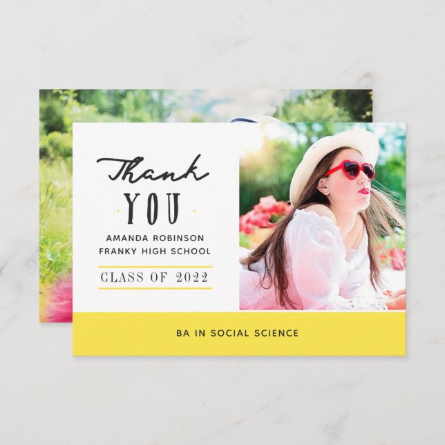 Gult Studenten-fototackkort Tack Kort (Fram/baksida)