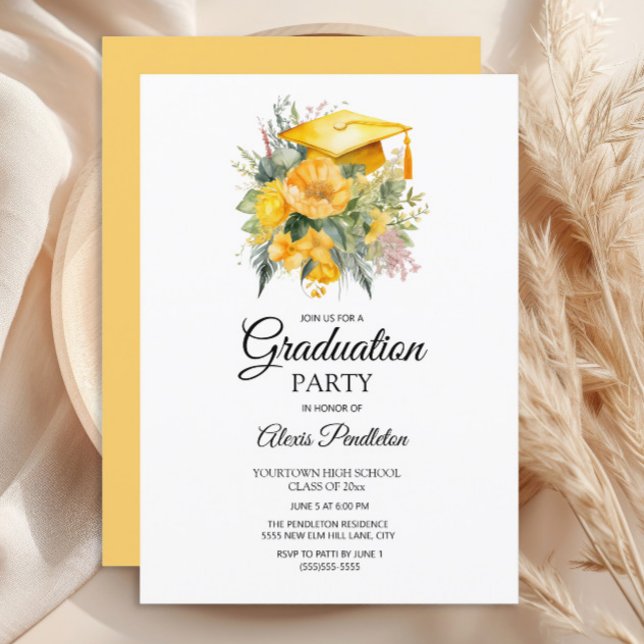 Gult Studentmössa Blommigt High School Inbjudningar (Yellow graduation cap party invitation)