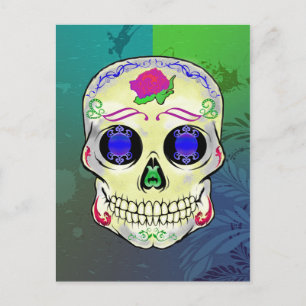Gult Sugar Skull med Lila Ro Helg Vykort