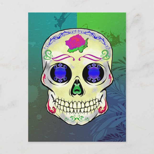 Gult Sugar Skull med Lila Ro Helg Vykort (Framsida)
