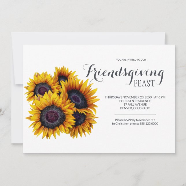 Gult Sunblommor Bouquet Navy Friendsgiving Feast Inbjudningar (Framsida)