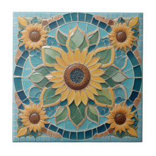 Gult Sunblommor Faux Mosaic Aqua Blue Kakelplatta