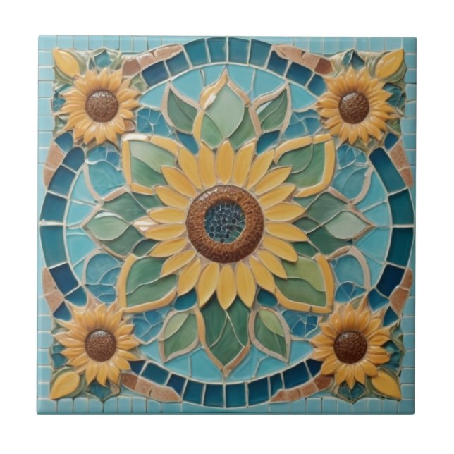 Gult Sunblommor Faux Mosaic Aqua Blue Kakelplatta (Framsidan)