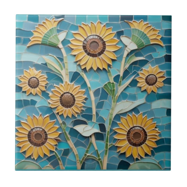 Gult Sunblommor Faux Mosaic Aqua Blue Kakelplatta (Framsidan)