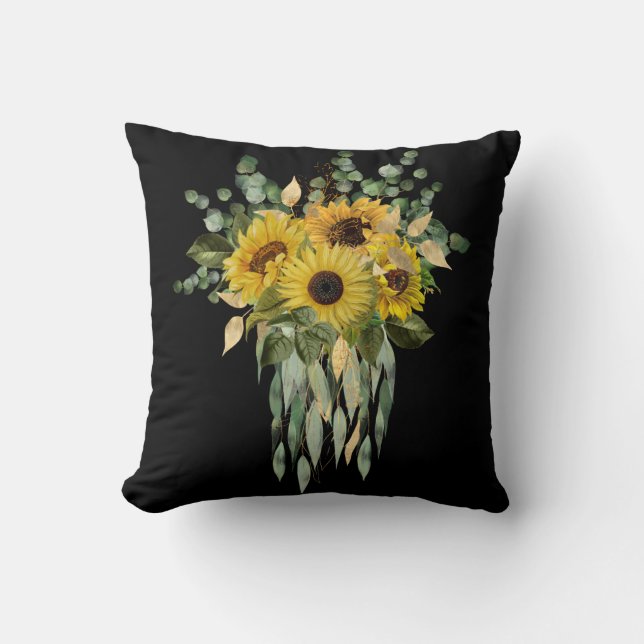 GULT SUNFLOWER EUCALYPTUS CUSHION BLACK KUDDE (Framsida)