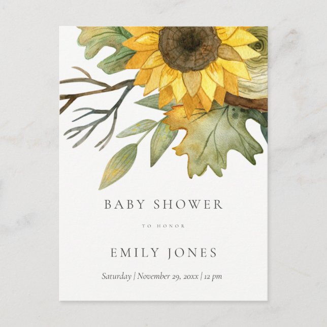 GULT SUNFLOWER WATERCOLOR BLOMMIGT BABY SHOWER INBJUDAN VYKORT (Framsida)