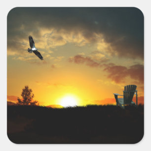 Gult Sunset Grassy Meadow Stickers Fyrkantigt Klistermärke