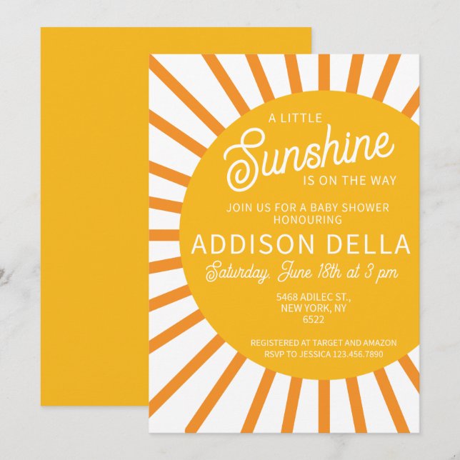 Gult Sunshine Baby Shower Inbjudningar (Fram/baksida)