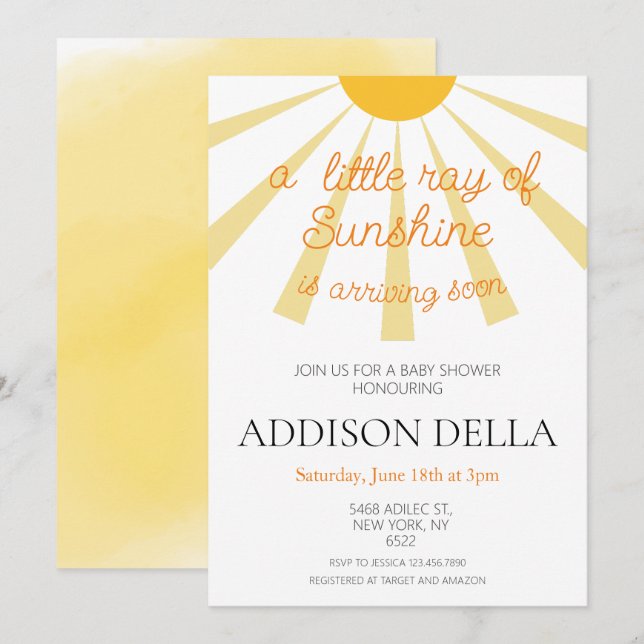 Gult Sunshine Baby Shower Inbjudningar (Fram/baksida)