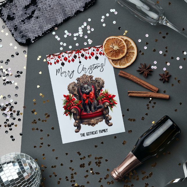 Gult svart katt God jul, svart och rött Julkort (Gothic Black Cat Merry Christmas Holiday Card - Unique Design, Customizable, Perfect Holiday Gift)