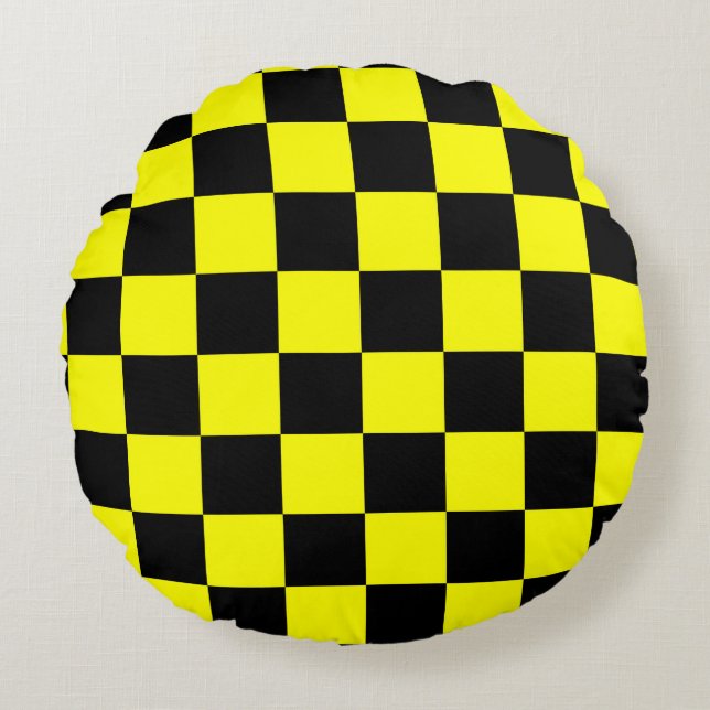 Gult, svart kontroll Mönster Rund Kudde (Framsidan)