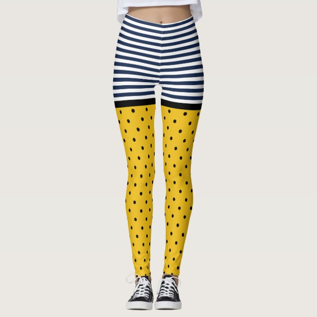 Gult & svart Polka dots, svartvitt, svartvitt Leggings (Framsida)