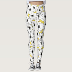 Gult svartvitt anemonblommamönster leggings