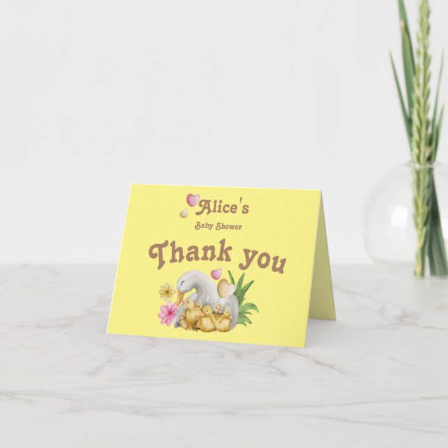 Gult Sweet Anka Mamma & Spädbarn Cute Baby Shower Tack Kort (Framsida)