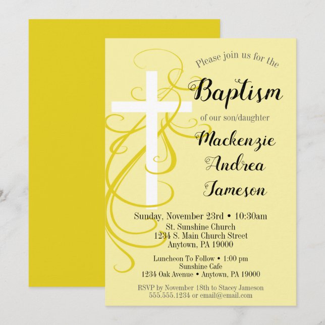 Gult Swirl Kor Baptism Investigation Girl Boy Inbjudningar (Fram/baksida)