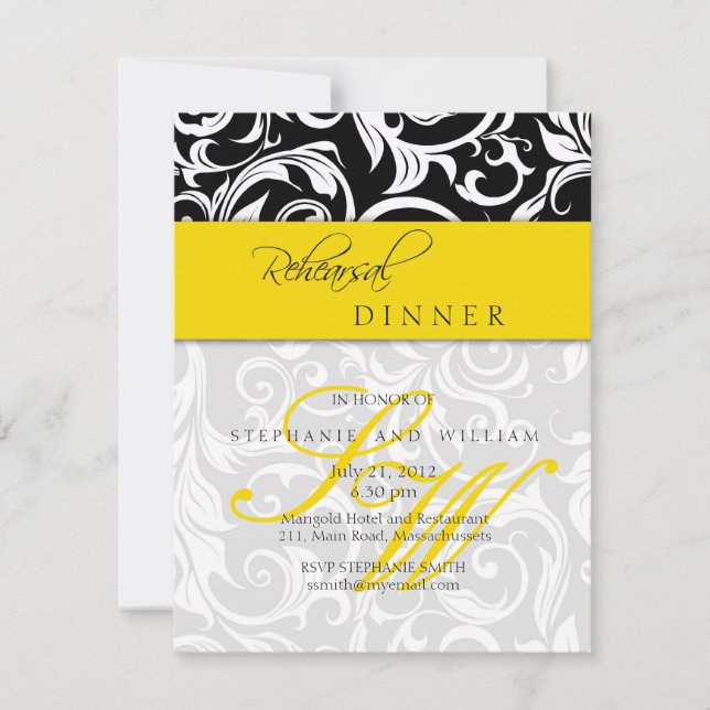 Gult Swirl Monogram Rehearsal Dinner Card Inbjudningar (Framsida)