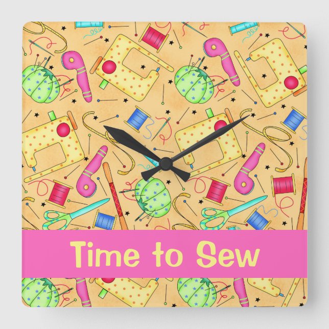 Gult Symboler Art Time to Sew Namn Anpassningsbar Fyrkantig Klocka (Framsida)