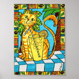 Gult Tabby katt & Glass of Lemonade Mini FolArt Poster