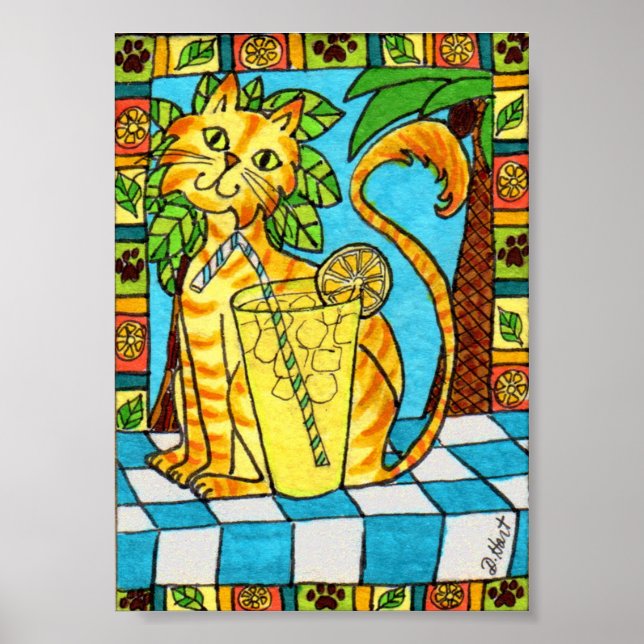 Gult Tabby katt & Glass of Lemonade Mini FolArt Poster (Framsidan)