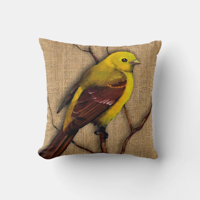 Gult Tanager Bird på Burlap, Grenar, Artwork Kudde (Framsida)