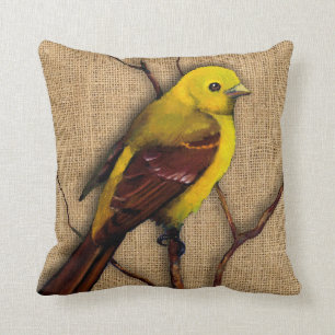 Gult Tanager Bird på Burlap, Grenar, Artwork Kudde