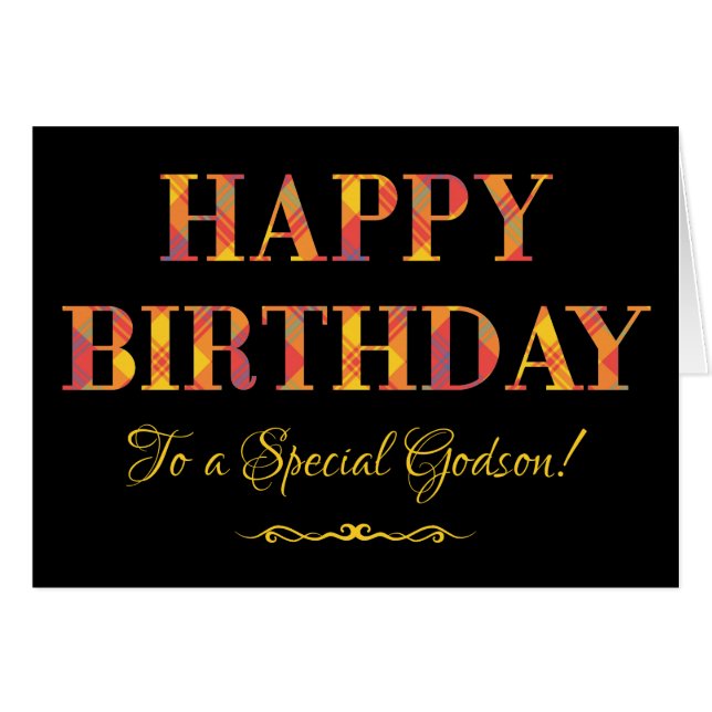 Gult Tartan on Black Birthday för Speciellt Godson Hälsningskort (Framsidan Horizontal)