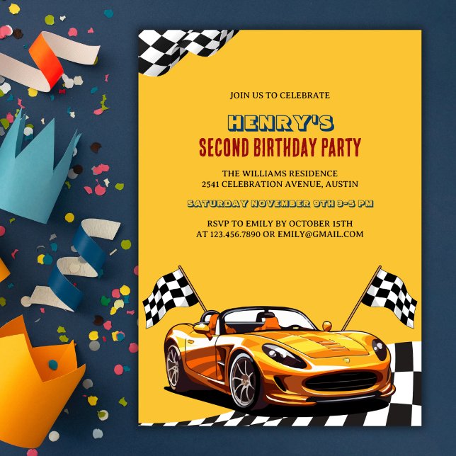 Gult Tävling Car Theme Boy 2 Birthday Party Inbjudningar (Yellow Race Car Theme Boy 2nd Birthday Party Invitation)