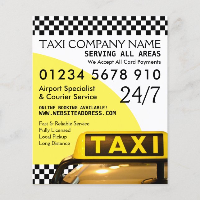 Gult Taxi Cab-signatur med Prisare listannonsering Flygblad (Framsidan)