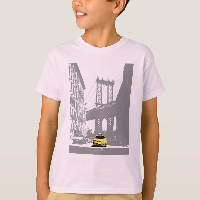 Gult Taxi New York City Nyc Brooklyn Bridge Boys T Shirt (Framsida)