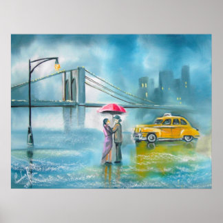 Gult taxi par regnig dag romantiskt par poster