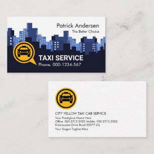Gult Taxi vid Blue City Skyline Silhouette Visitkort