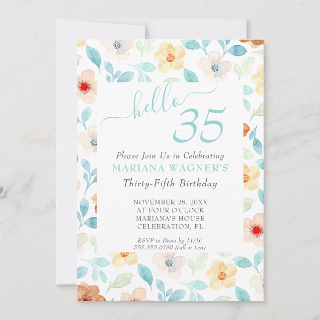 Gult Teal Blommigt Elegant 35e  Birthday Inbjudningar (Framsida)