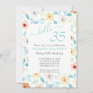 Gult Teal Blommigt Elegant 35e Birthday Inbjudningar