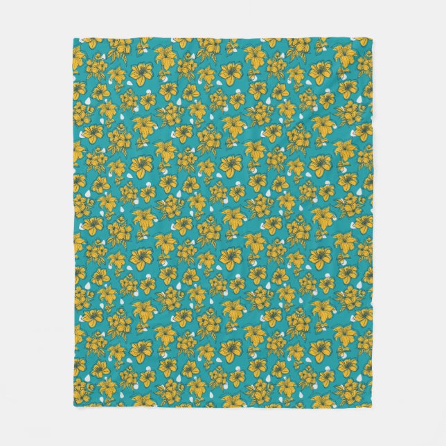 Gult Teal Flowers Mönster Fleecefilt (Framsidan)