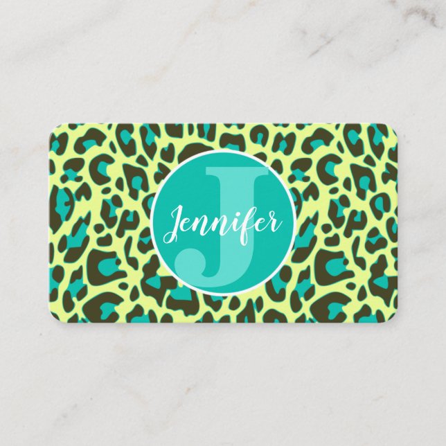 Gult Teal Leopard Skriv ut Rockabilly Mönster Cute Visitkort (Framsida)