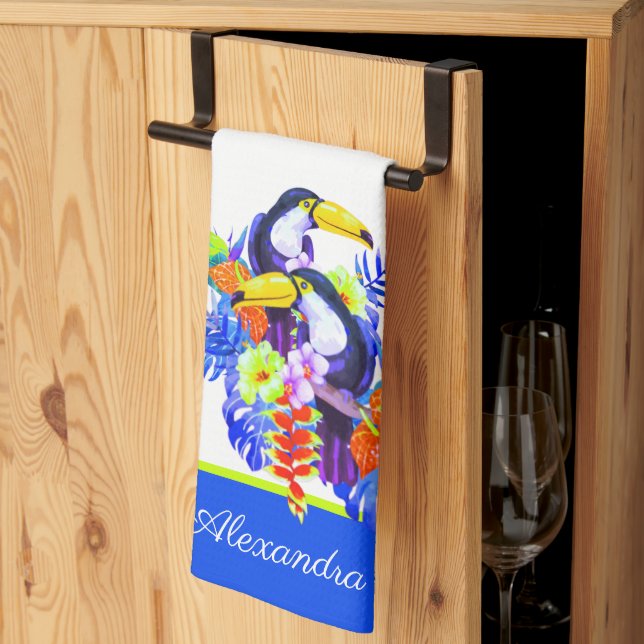 Gult Teal Toucan-fåglar tropiska blommor Kökshandduk (Thirds Fold)