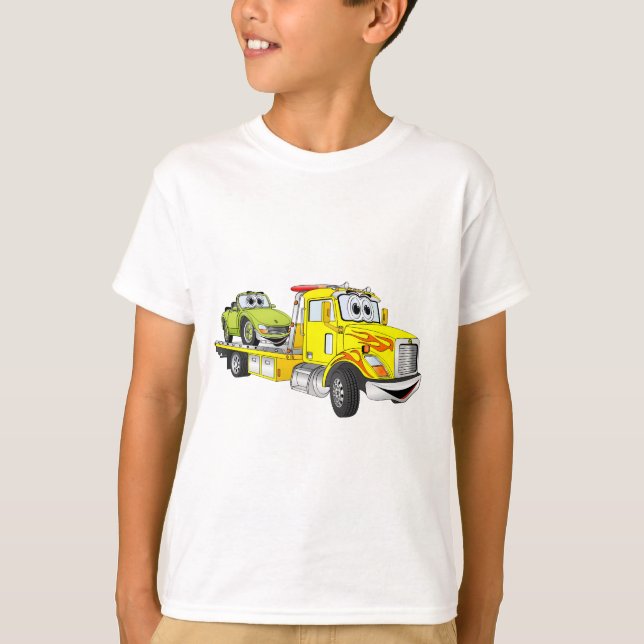 Gult Tecknad Flatbed Tow Lastbil T Shirt (Framsida)