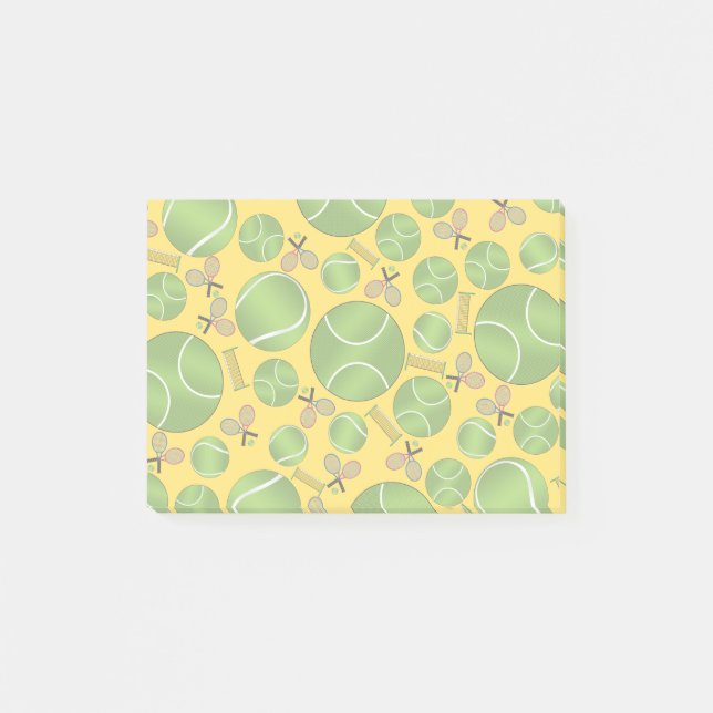 Gult tennis bollar racketar och nät post-it block (Framsida)