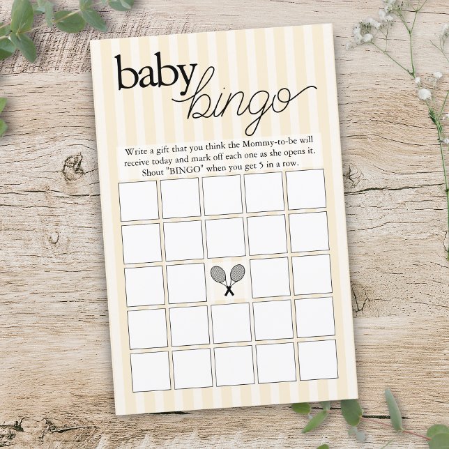 Gult Tennis Preppy Chic Bingo Baby Shower-spel (yellow tennis theme blank baby shower bingo game sheet)
