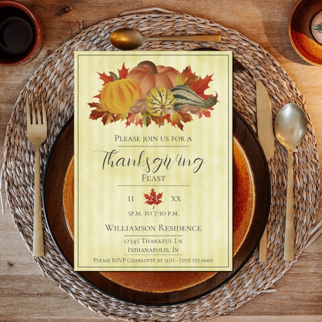 Gult Thanksgiving Pumpkins and Squash Dinner Inbjudningar (Thanksgiving Pumpkins and Squash Dinner Party Invite - Yellow)